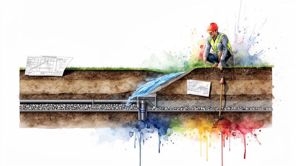 Cross-section of earth revealing a storm drain, flowing water, underground pipe, and a worker observing.