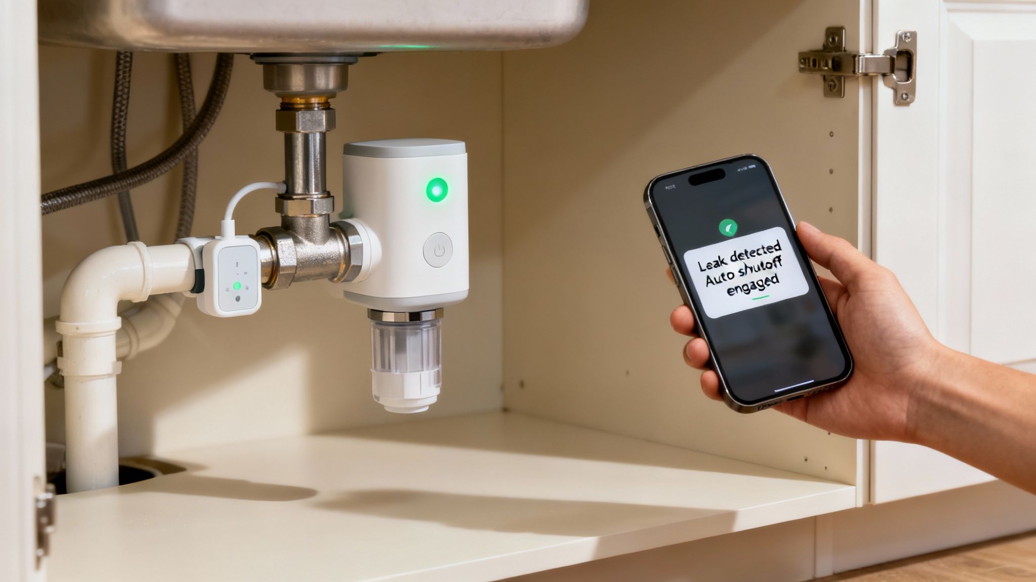 Smart water leak detector and auto-shutoff system under a sink, with a phone showing a leak notification.