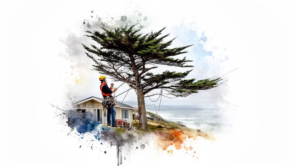 A tree care worker in safety gear prepares ropes on a large tree by a coastal house.