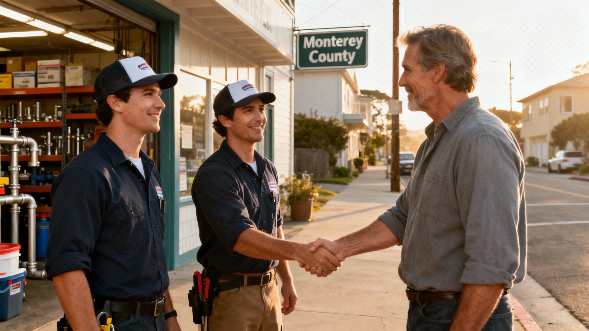 Professional Monterey County plumbers shaking hands with satisfied customer outside local plumbing shop