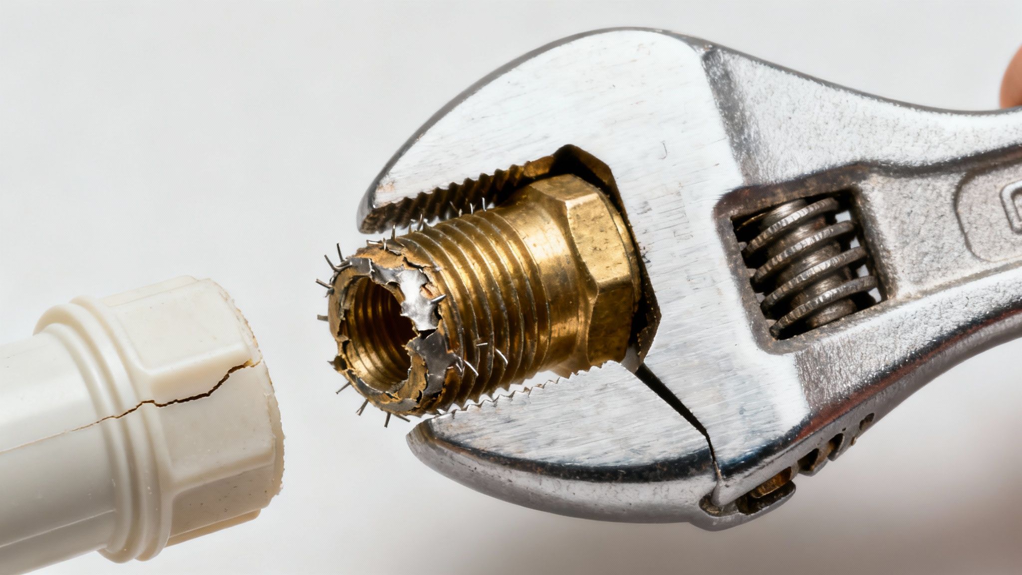 A professional plumber carefully tightens a nut on a water supply line with an adjustable wrench, showing the correct form.