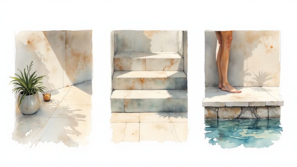 Watercolor triptych featuring potted plant, tiled stairs, and bare feet by a pool, illuminated by sunlight.