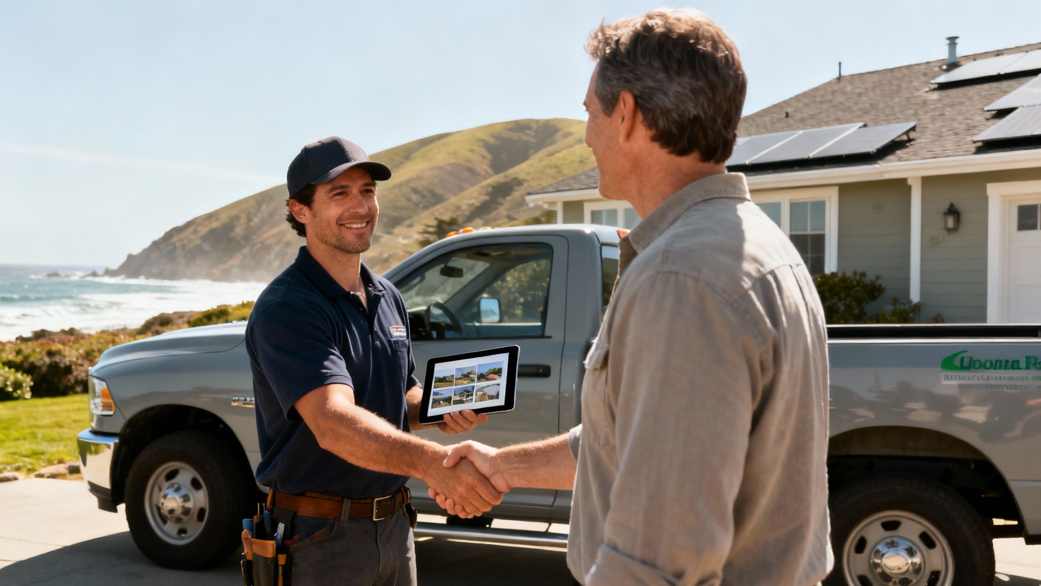 A craftsman from Signature Glass and Windows working on a window installation in a beautiful Monterey County home.