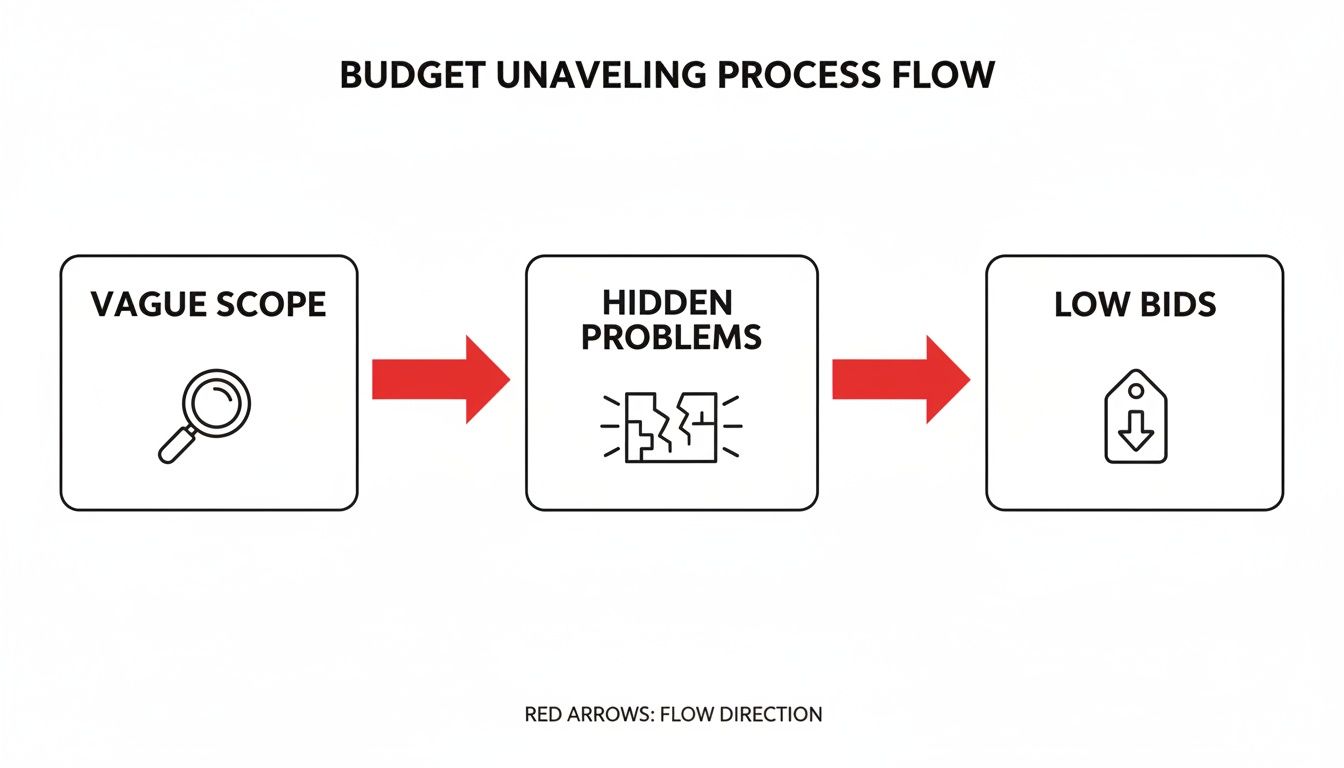A process flow chart illustrating how vague scope leads to hidden problems and ultimately low bids.