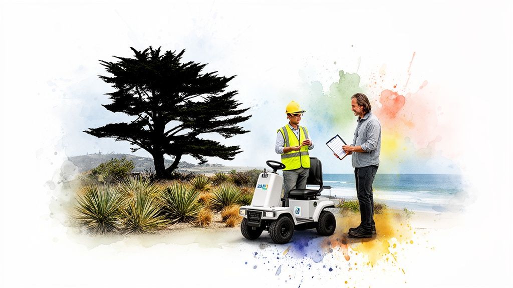 Two men, one in a hard hat, discuss next to a utility vehicle on a scenic coastal path.