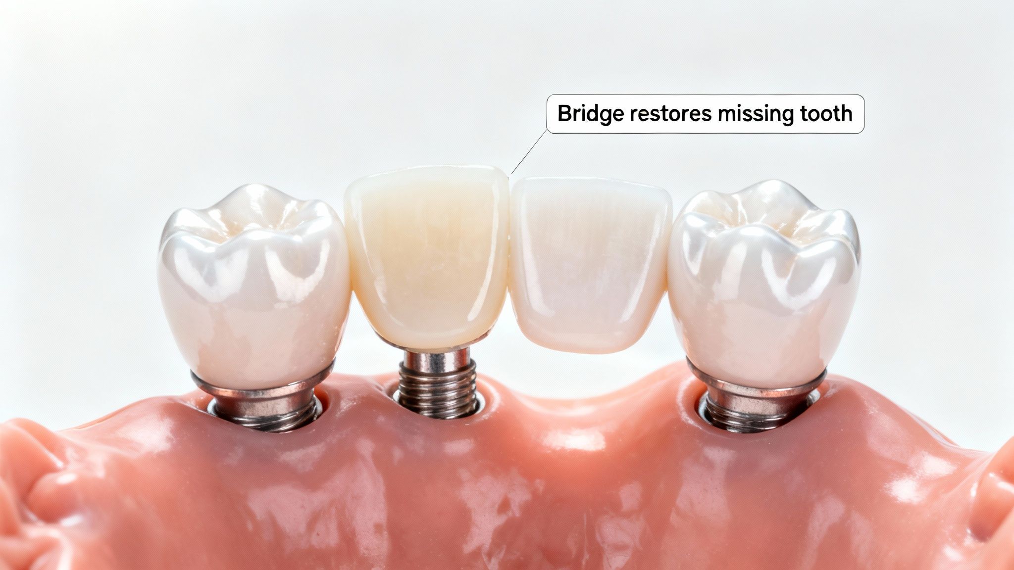 A close-up of a dental model showing a bridge restoring a missing tooth, supported by two implants.