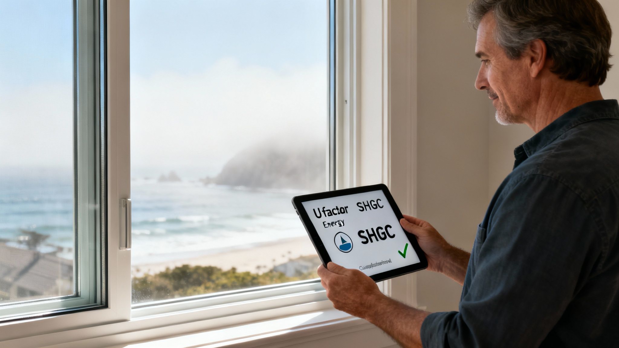 A man uses a tablet to evaluate window energy performance, showing U-factor and SHGC, with a coastal view.