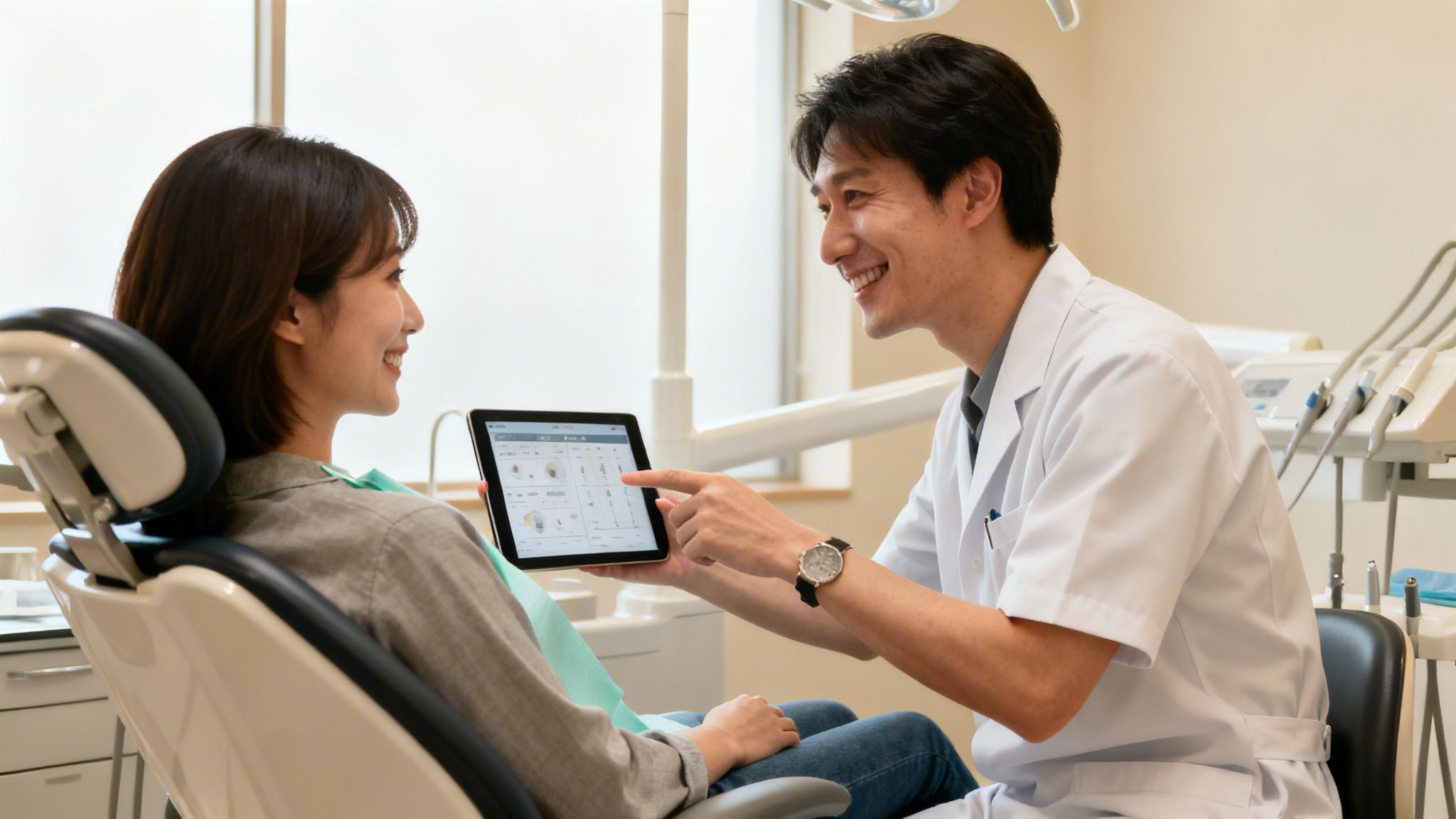 A smiling dentist in a white coat shows a tablet to a happy female patient in a dental chair, discussing treatment.