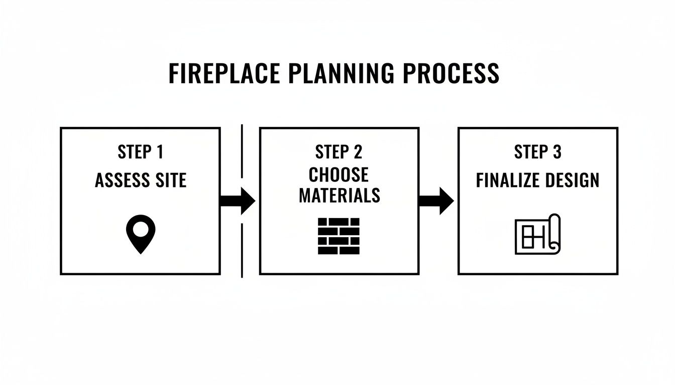 A diagram illustrating the three steps of the fireplace planning process: assess site, choose materials, and finalize design.