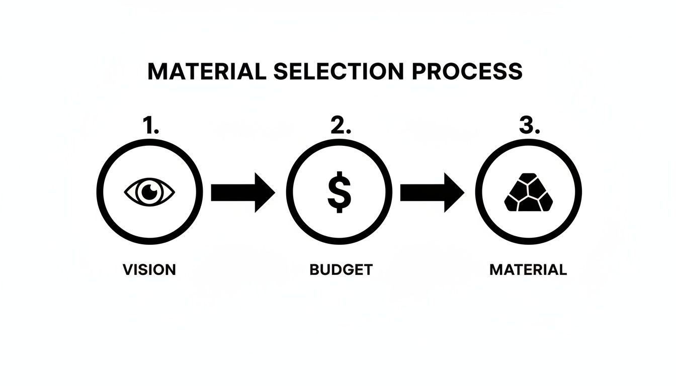 Diagram outlining the material selection process through vision, budget, and material stages.