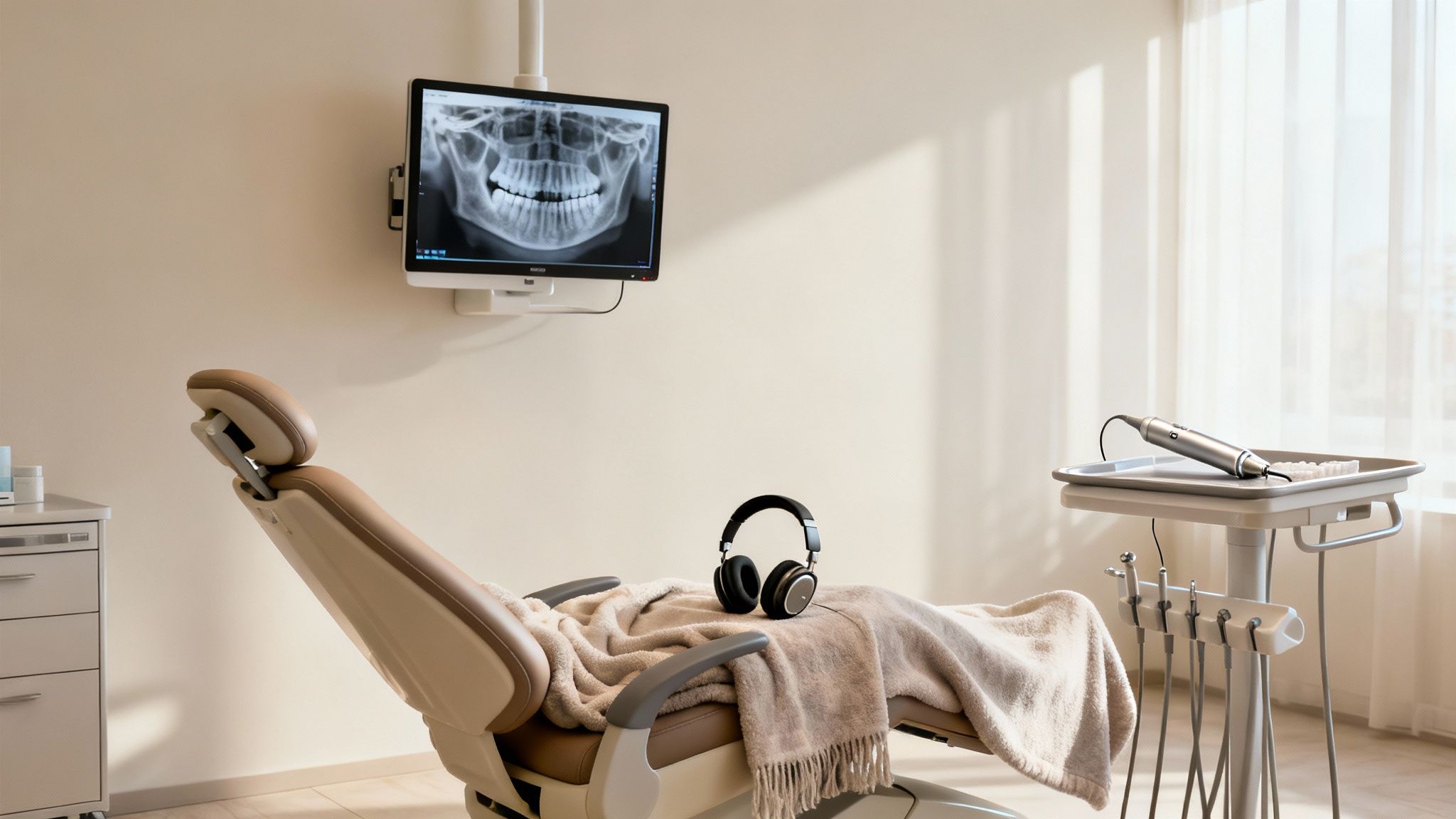 Modern dental clinic interior with a dental chair, X-ray on screen, and professional equipment.