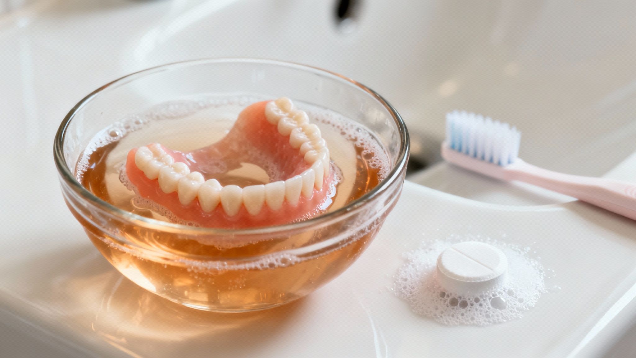 A person cleaning their partial dentures over a sink with a special brush.