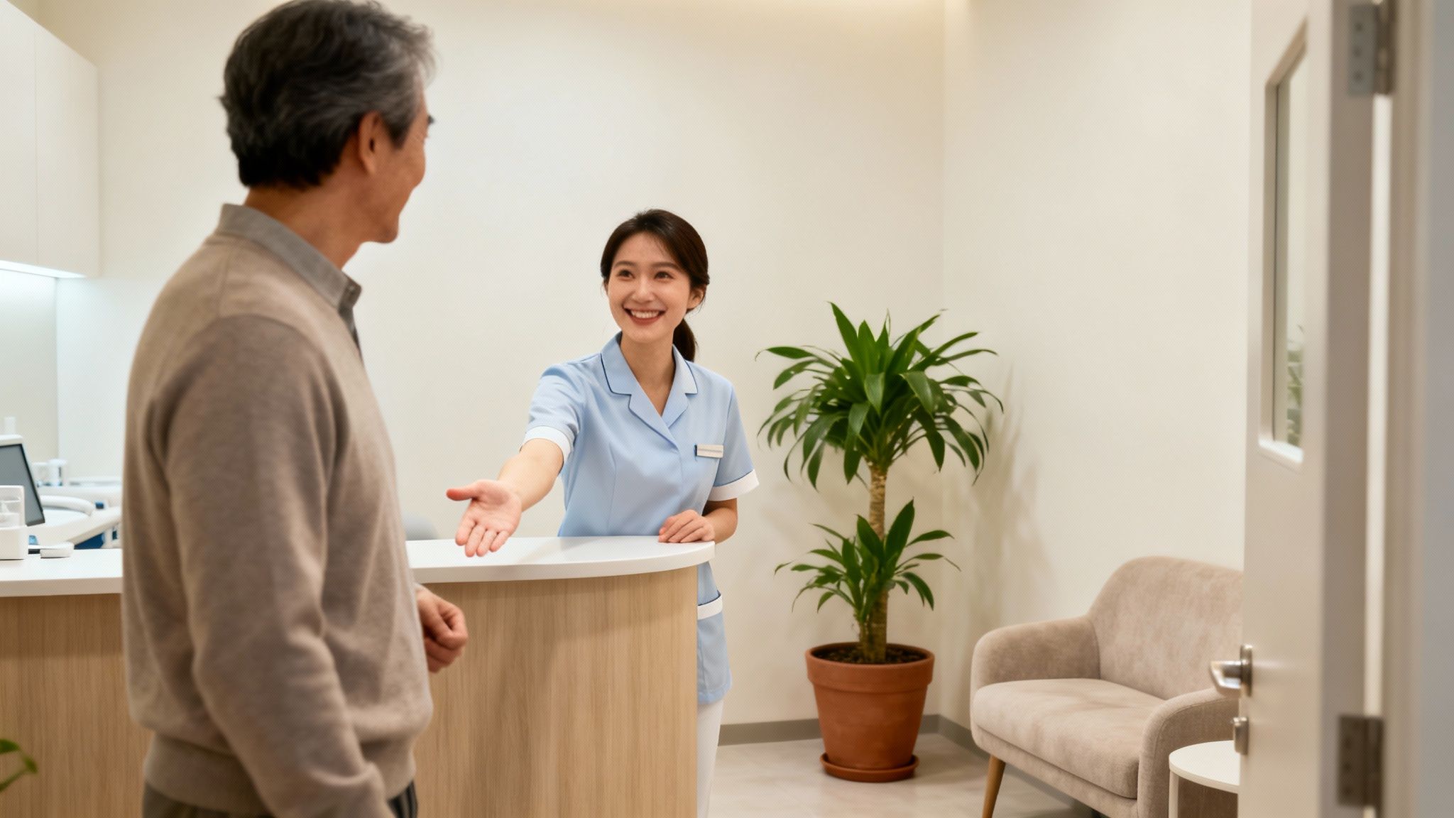 Smiling nurse extends a hand to an older male patient at a clinic reception area.
