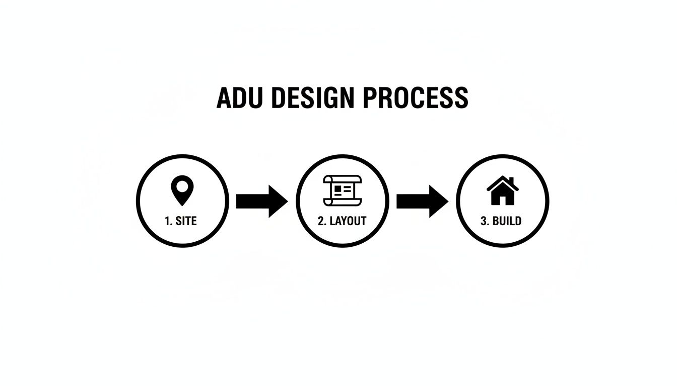 A three-step ADU design process diagram showing site selection, layout planning, and construction.
