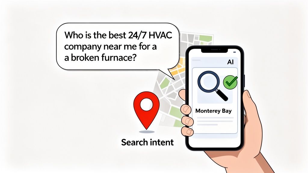 A person holds a smartphone displaying AI search results for a local HVAC company, emphasizing search intent and location.