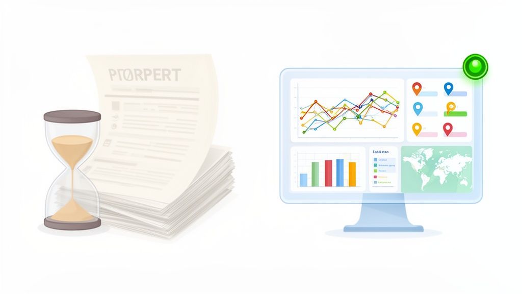An hourglass and stacked papers on the left contrast a computer monitor showing data analytics and maps on the right.
