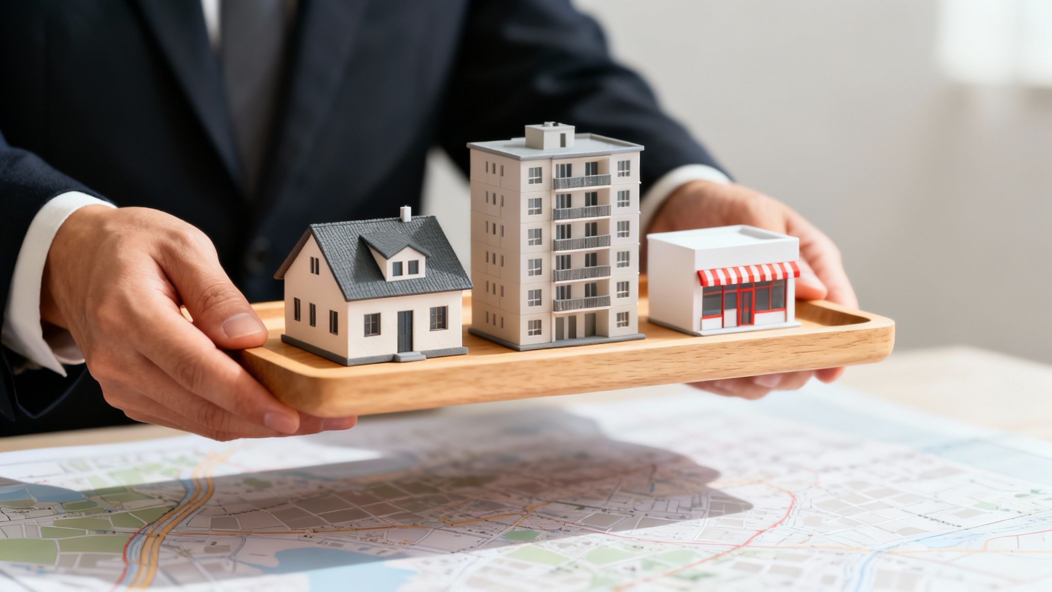 A person in a suit holds a wooden tray with miniature house, apartment building, and shop models over a map.