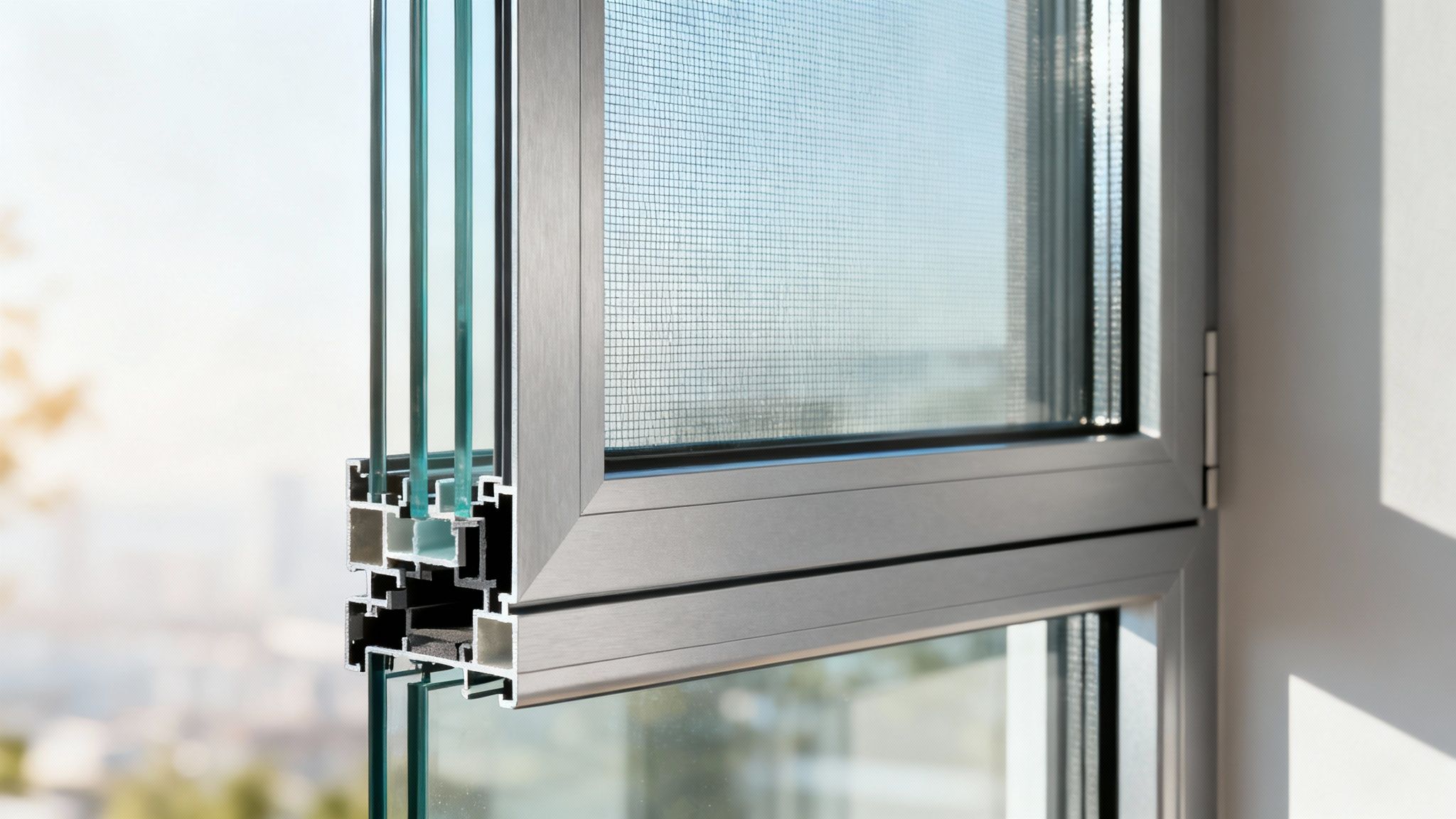 Close-up of a durable all-weather window frame with insulated glass.