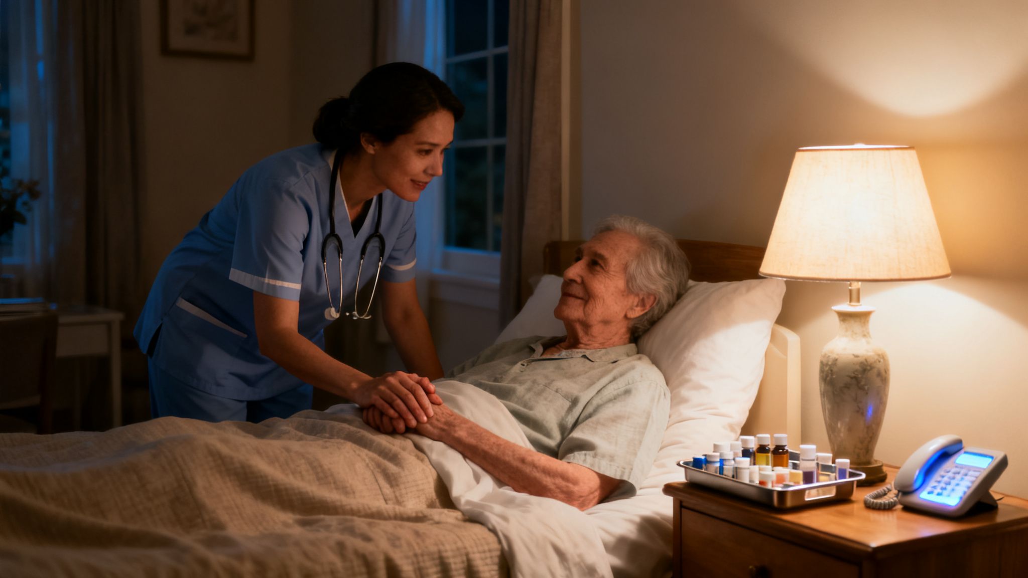 A kind nurse holds an elderly patient's hand in bed, offering comfort and support.