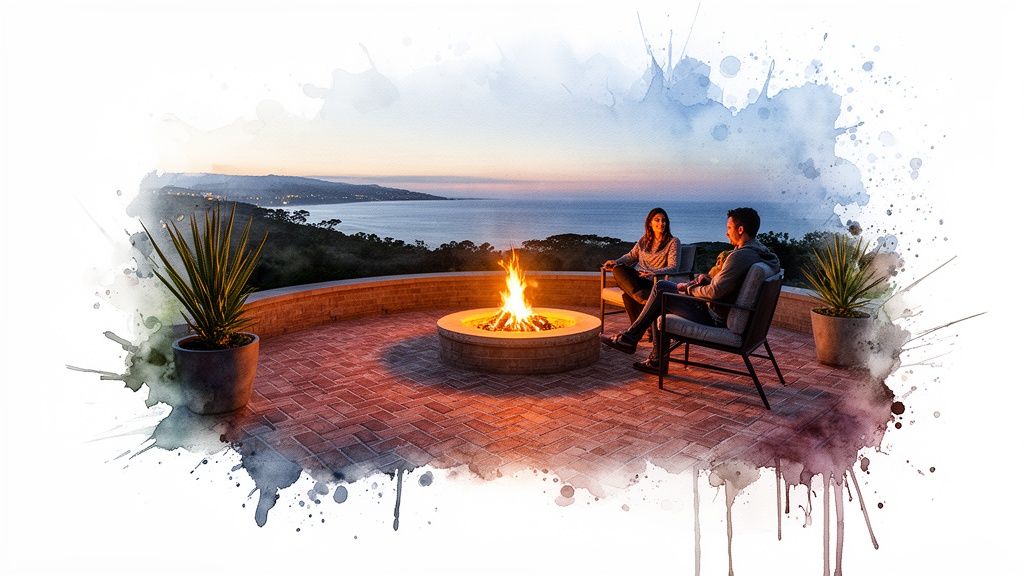 A couple relaxes by a cozy fire pit on a brick patio overlooking the ocean at sunset.