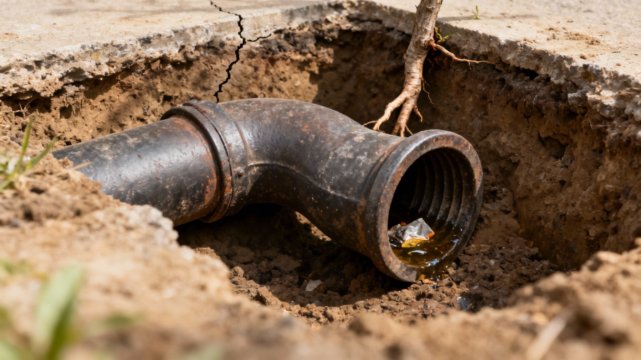 An old, rusty plumbing pipe exposed in a dirt trench, showing a crack in the concrete above.