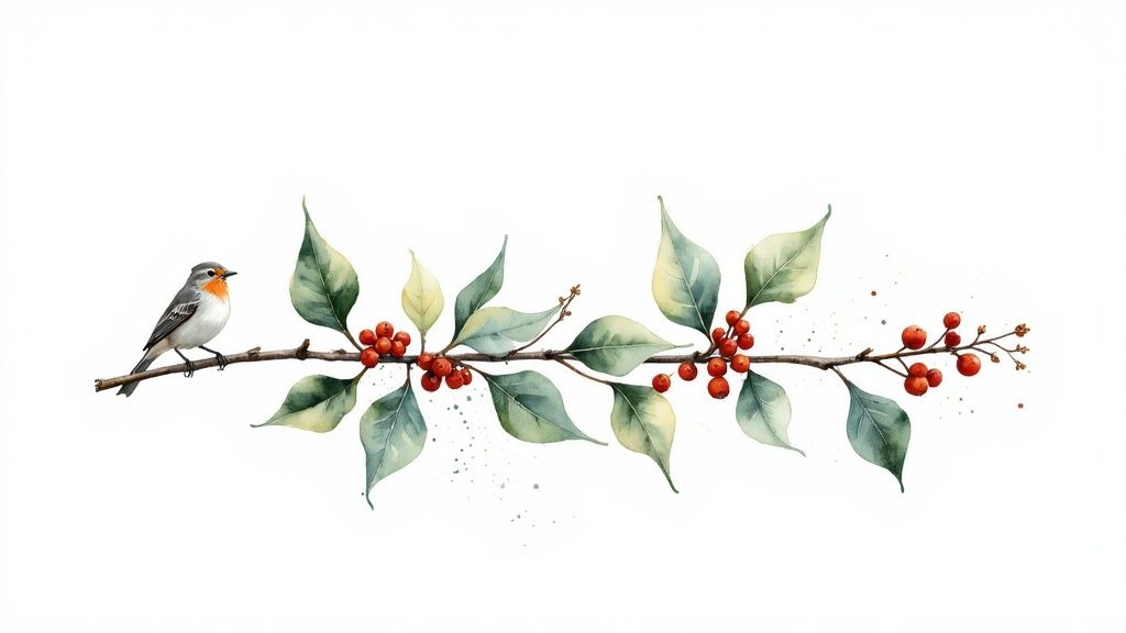 Watercolor illustration of a small bird perched on a branch with green leaves and red berries.