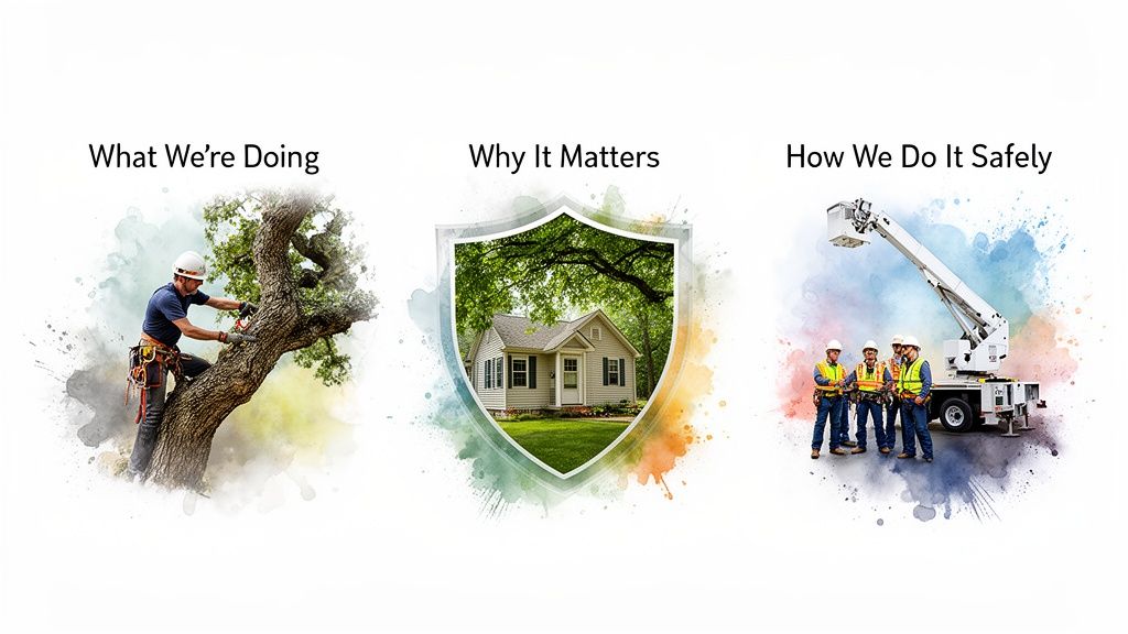 Image depicting tree service: a worker pruning a tree, a house in a shield, and a crew by a bucket truck.