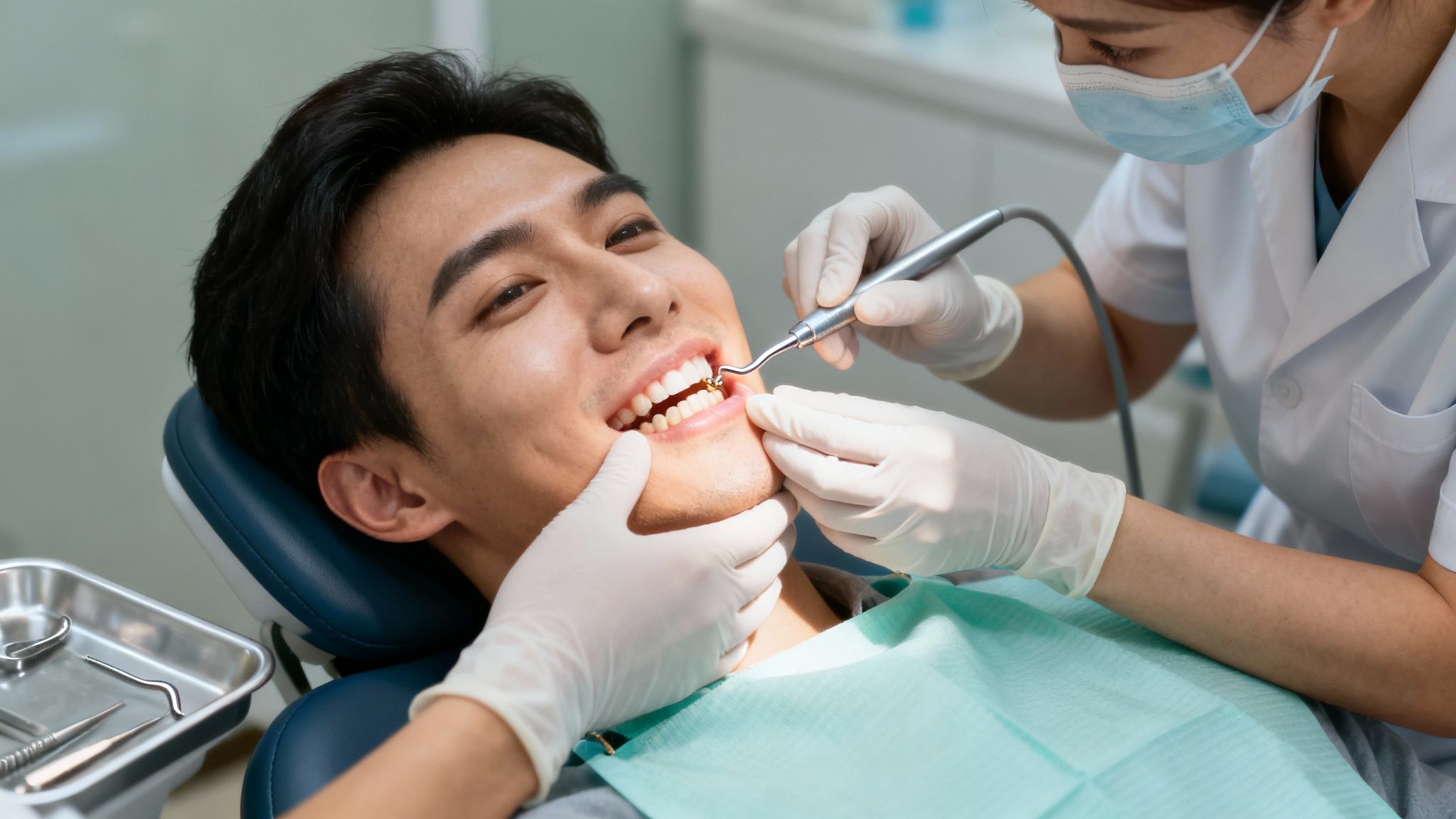 A male patient smiling as a female dentist performs a dental examination with tools.