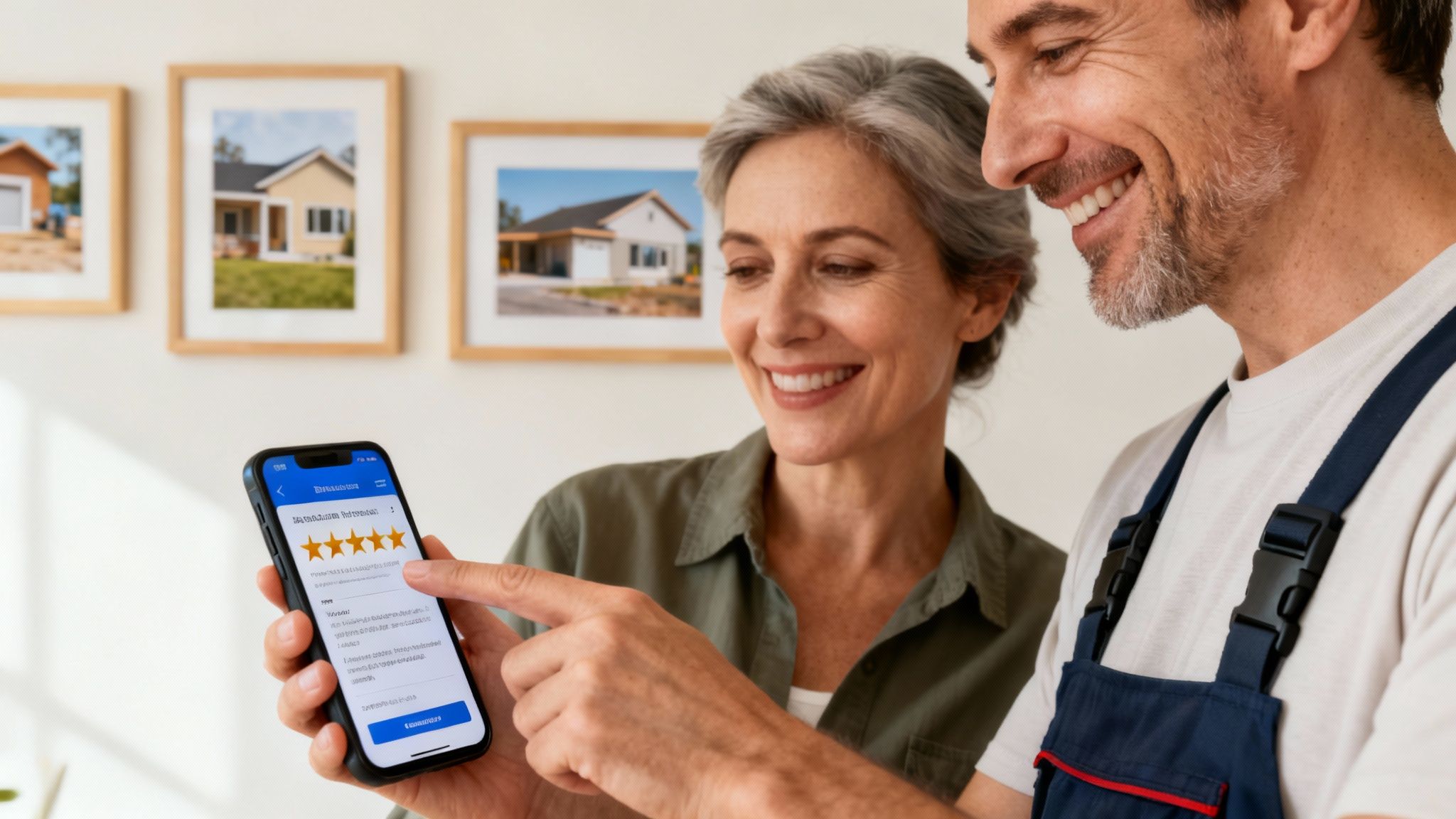 A smiling woman and a man in overalls looking at a 5-star customer review on a smartphone.