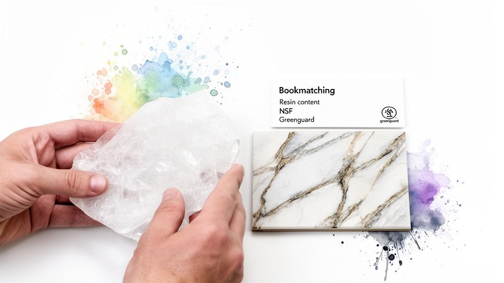 A raw quartz piece held by hands, displayed with a finished quartz slab and product certifications.