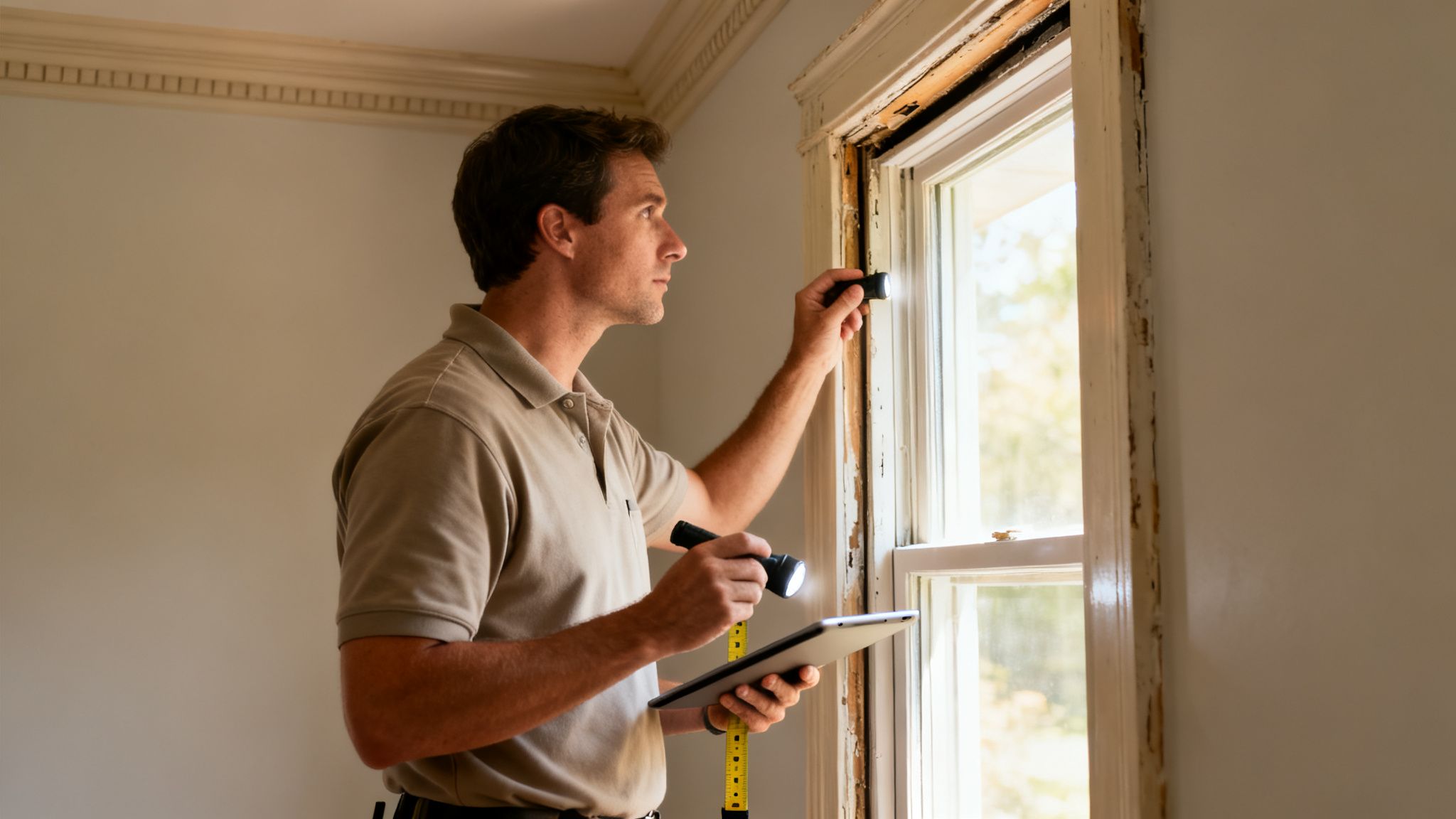 A man inspects an old window frame with a flashlight, holding a tablet and tape measure.