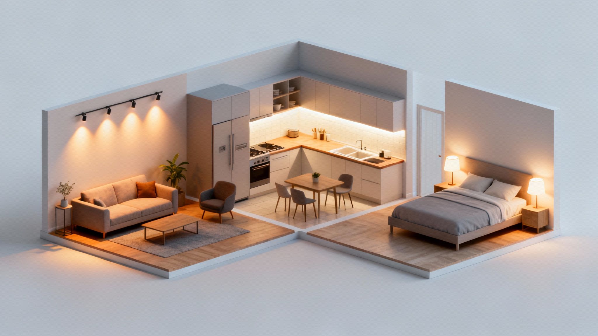 A cozy, well-lit living room with layered lighting.