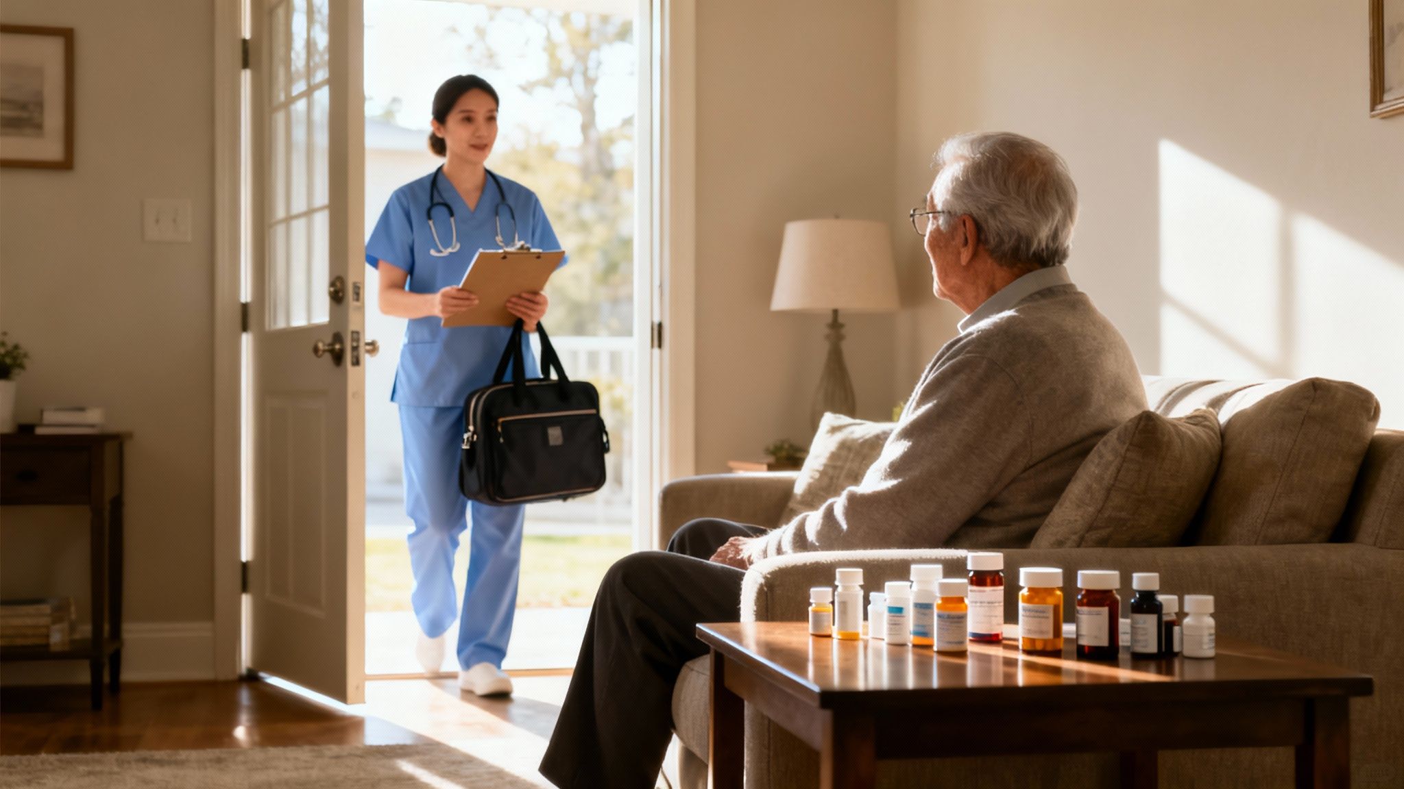 A female home health nurse arrives to visit an elderly man sitting on a sofa with medication.