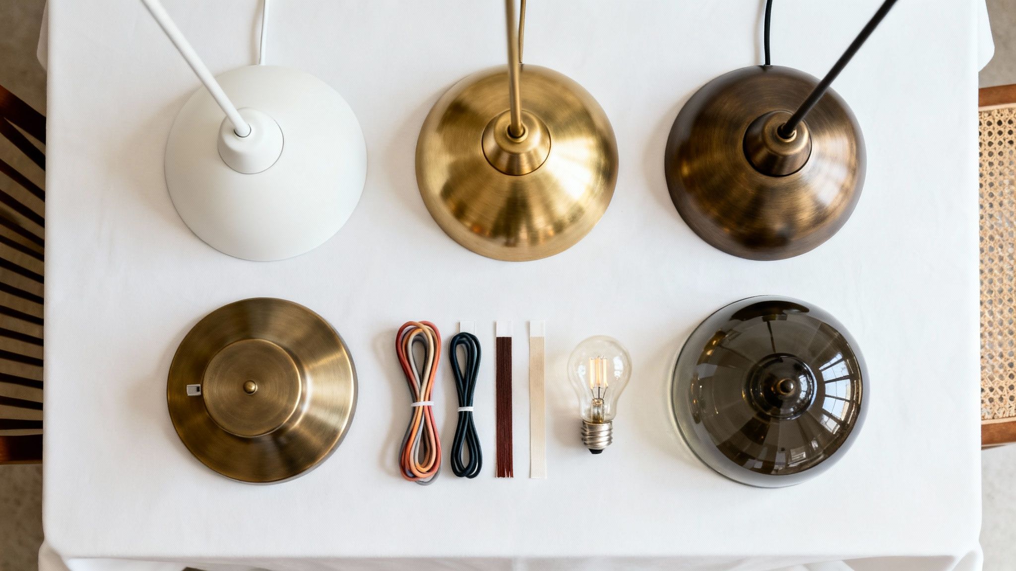 Overhead shot of custom lighting components: metal bases, colored cords, fabric swatches, and a light bulb.