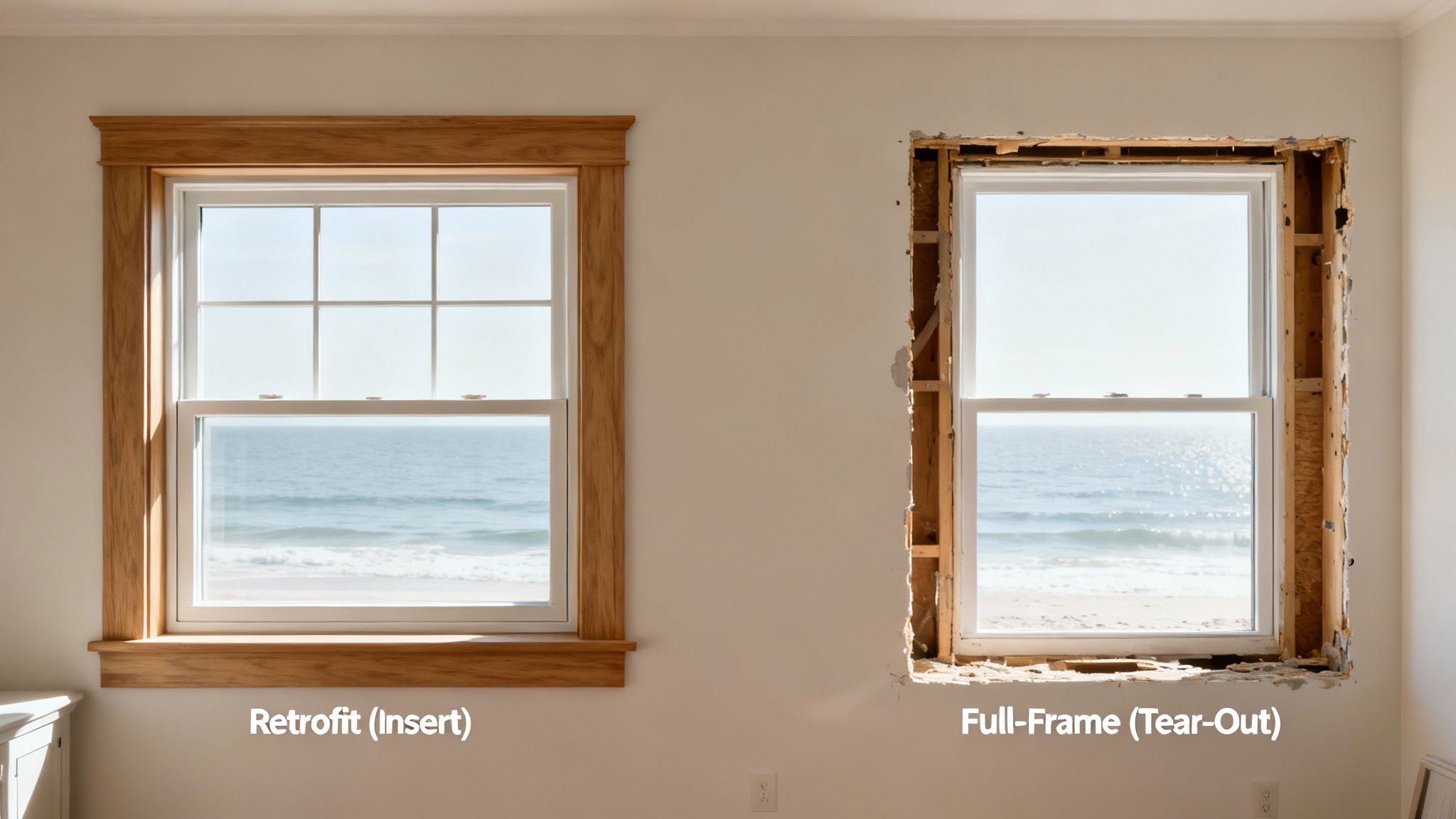 Comparison of retrofit window with wood trim and full-frame window showing installation process overlooking the sea.