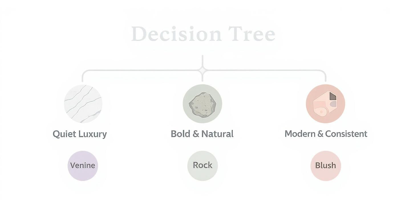 Decision tree diagram showing three interior design styles: Quiet Luxury with Venine, Bold Natural with Rock, Modern Consistent with Blush