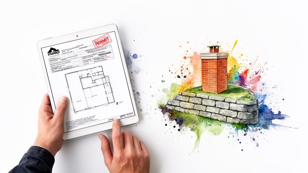 Hands holding a tablet displaying architectural plans with a stamped permit, next to a watercolor chimney.