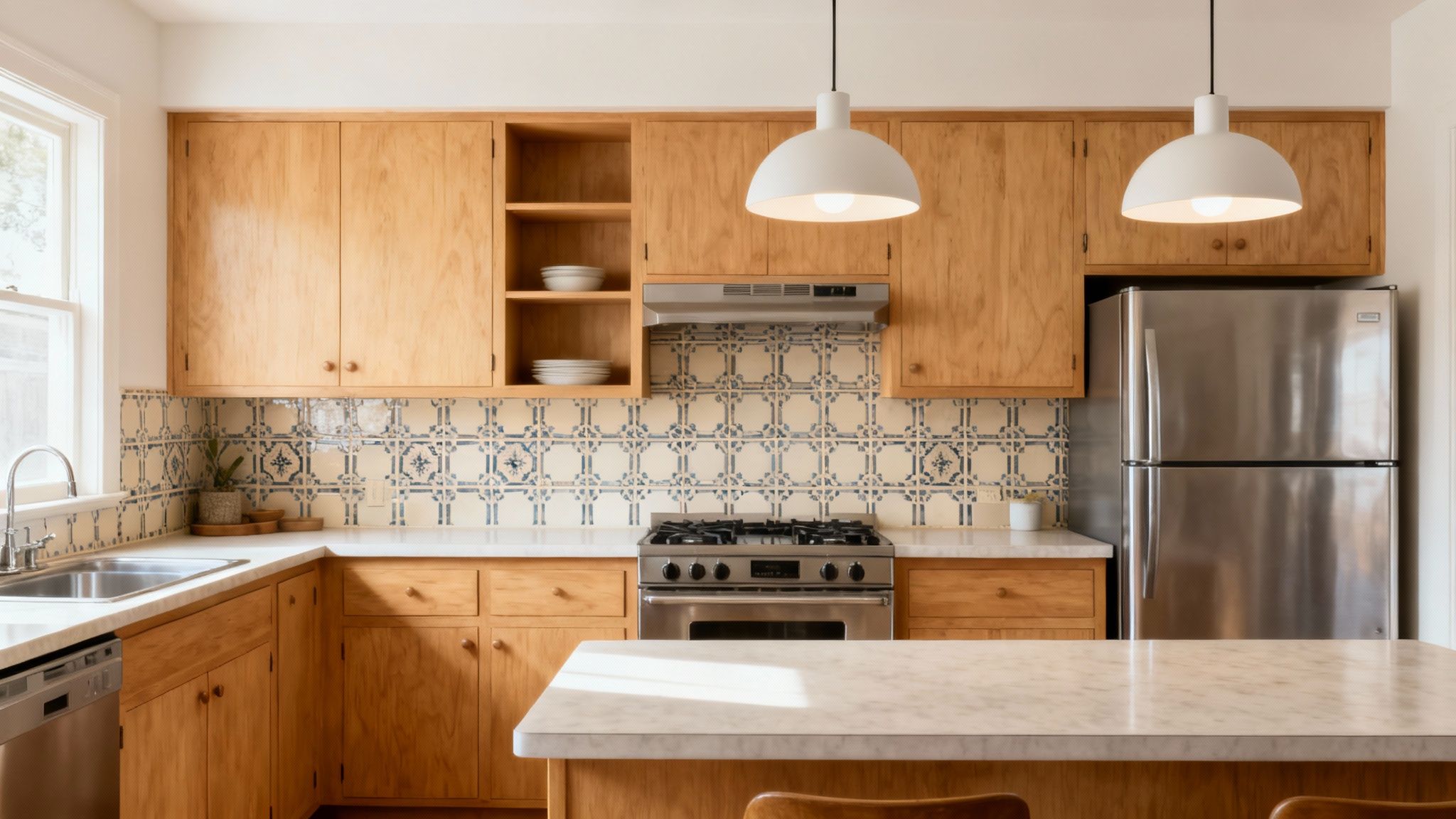 A bright kitchen featuring light wood cabinets, a blue and white tiled backsplash, and stainless steel appliances.
