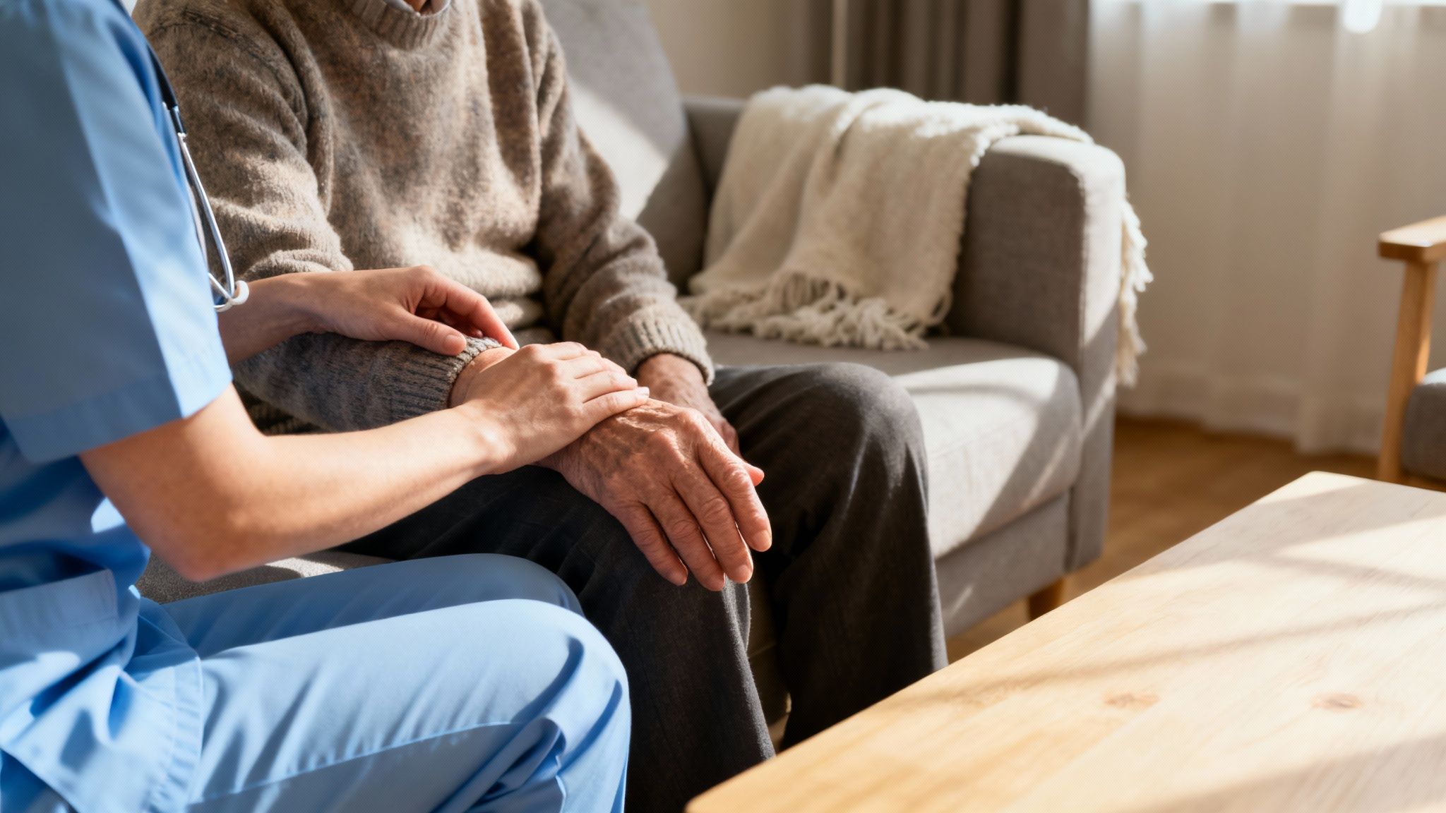 A compassionate nurse holds the hand of an elderly patient, offering comfort and support.