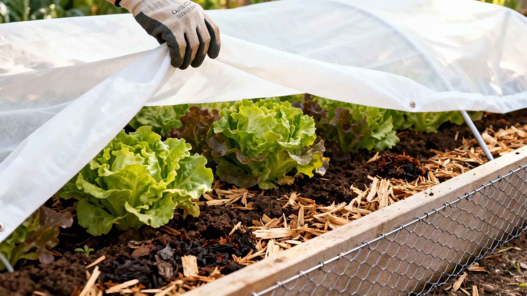 Gloved hand lifting white protective cover from a raised garden bed with fresh lettuce plants.