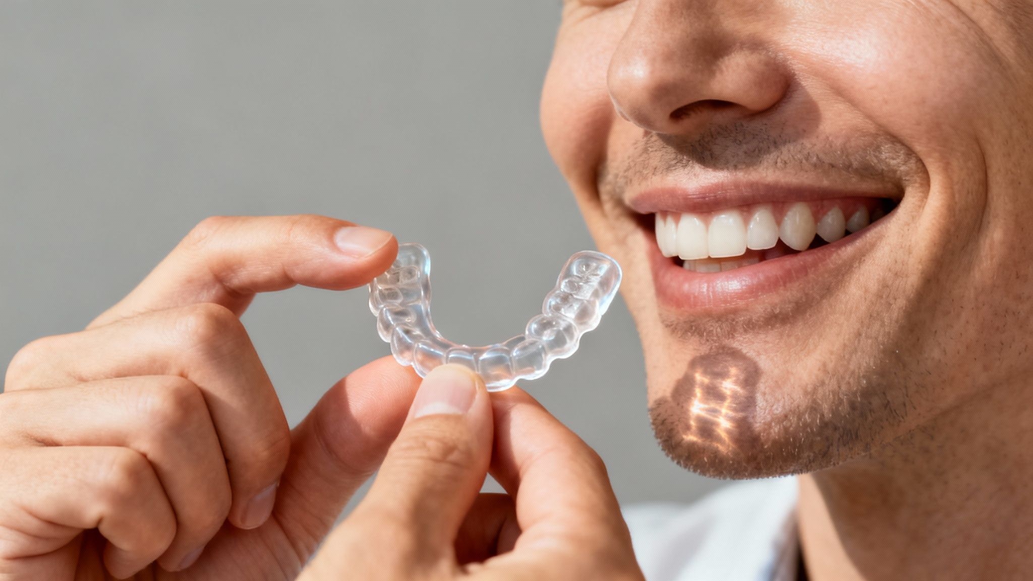 A woman smiling while holding clear aligners
