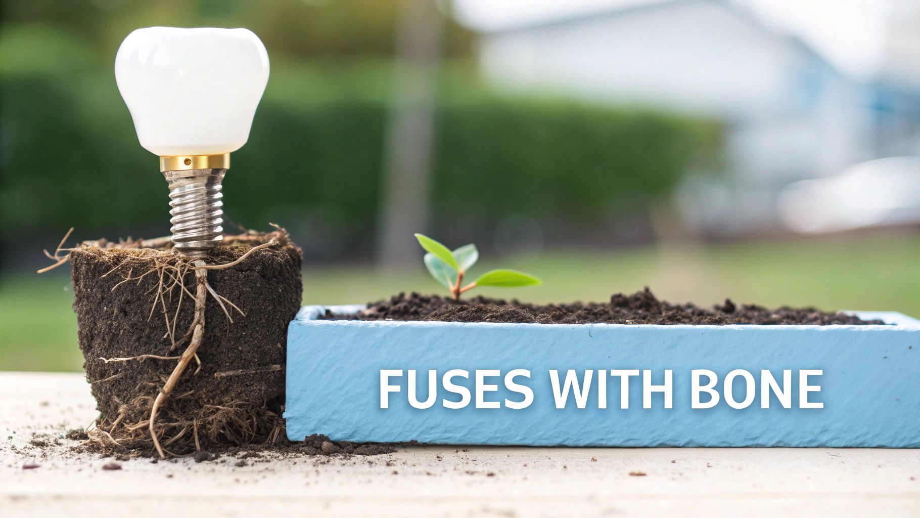 A dental implant model with visible roots in soil, next to a planter with text 'FUSES WITH BONE'.