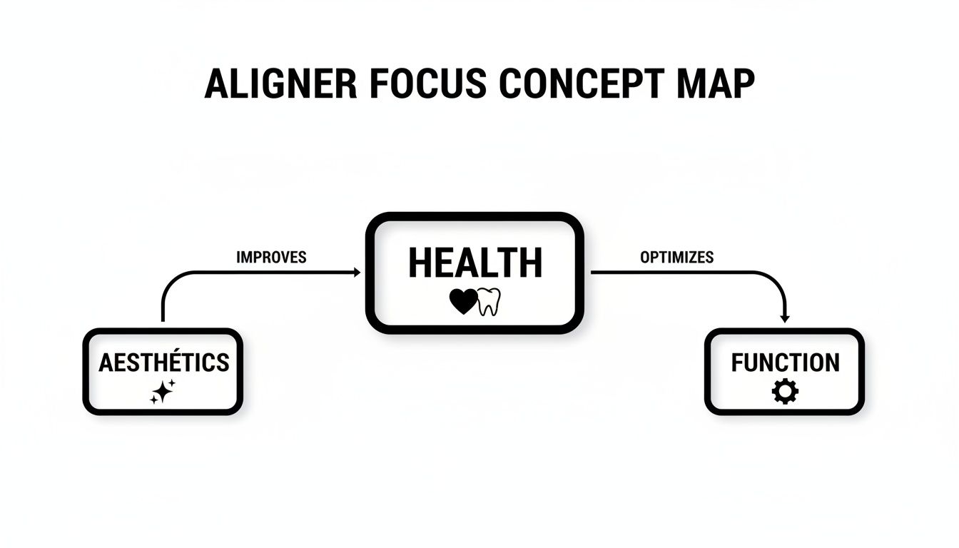 A concept map titled 'Aligner Focus' showing aesthetics improves health, and health optimizes function.