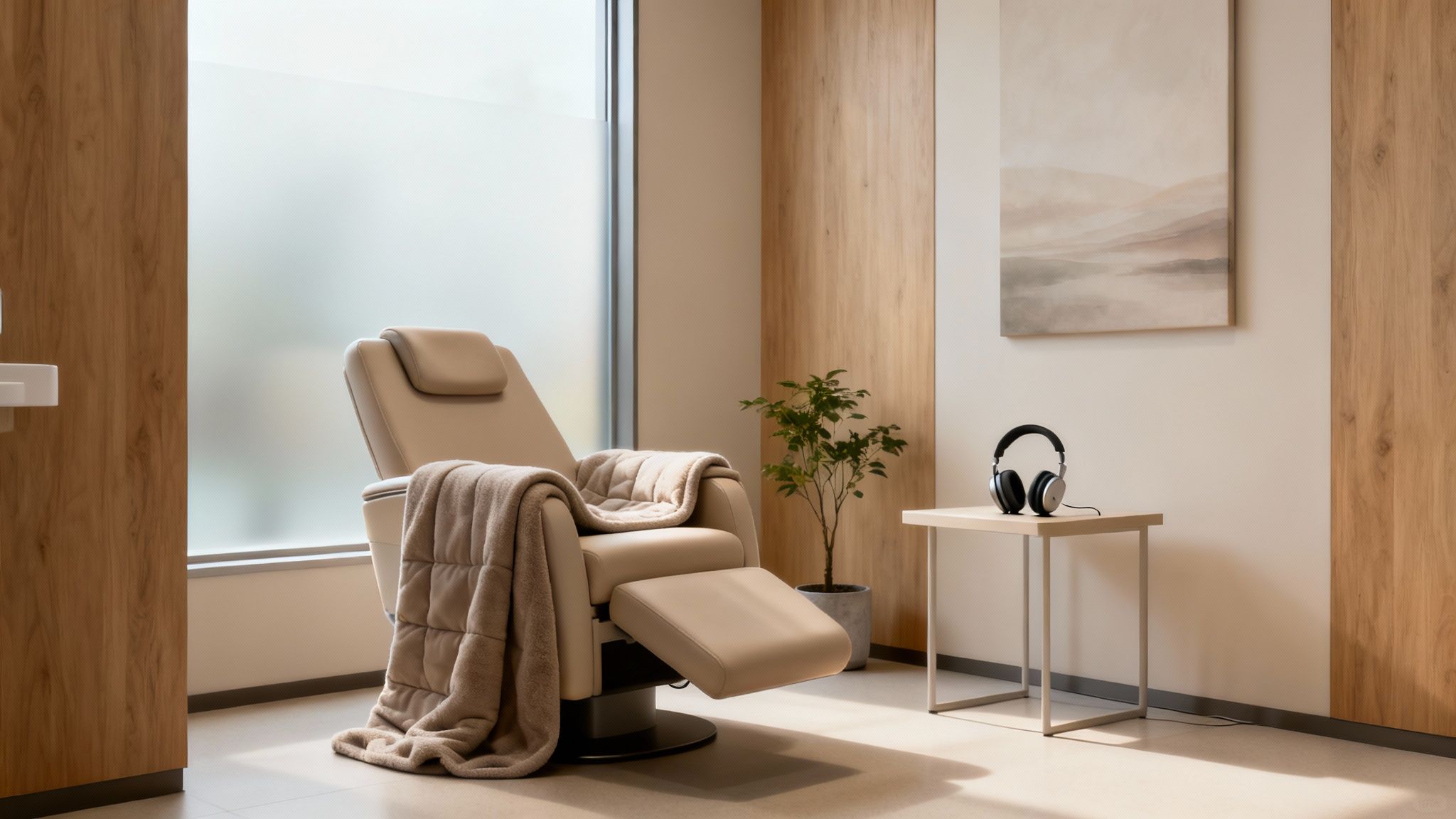 A modern, calming dental office waiting area with comfortable seating and soft lighting.