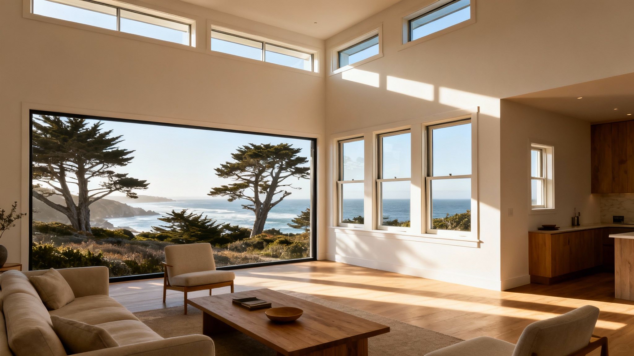 Bright modern living room with large windows showcasing a stunning coastal ocean view and cypress trees.