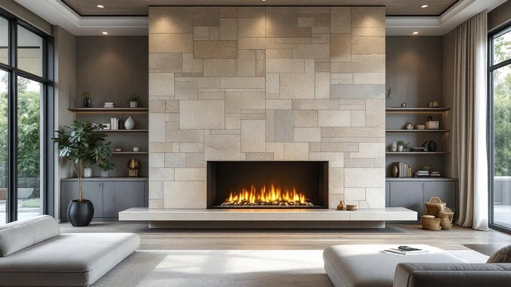 Floor-to-Ceiling Stone Wall Fireplace