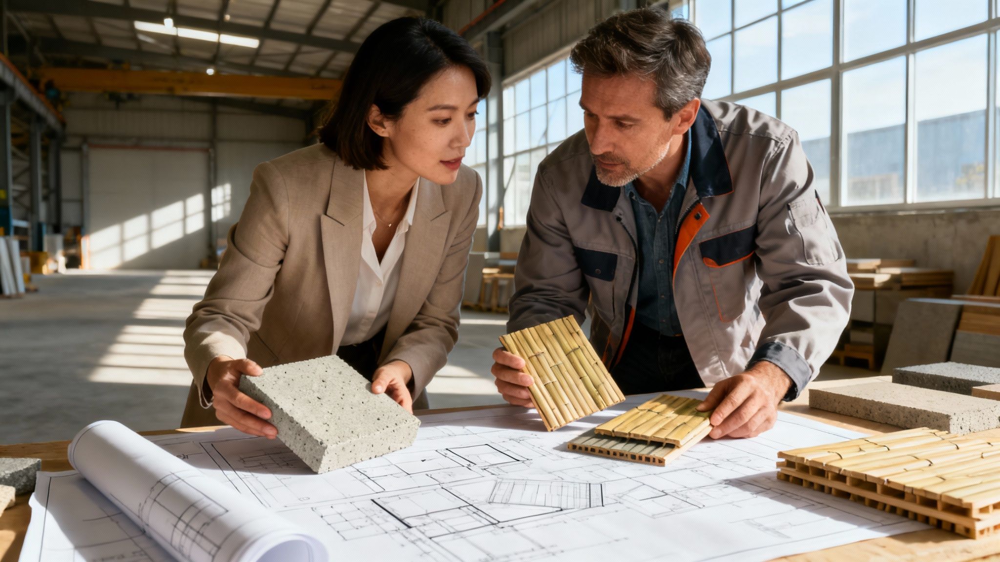 A friendly Truitt & White expert consults with a contractor in the Berkeley showroom, pointing to window specifications.