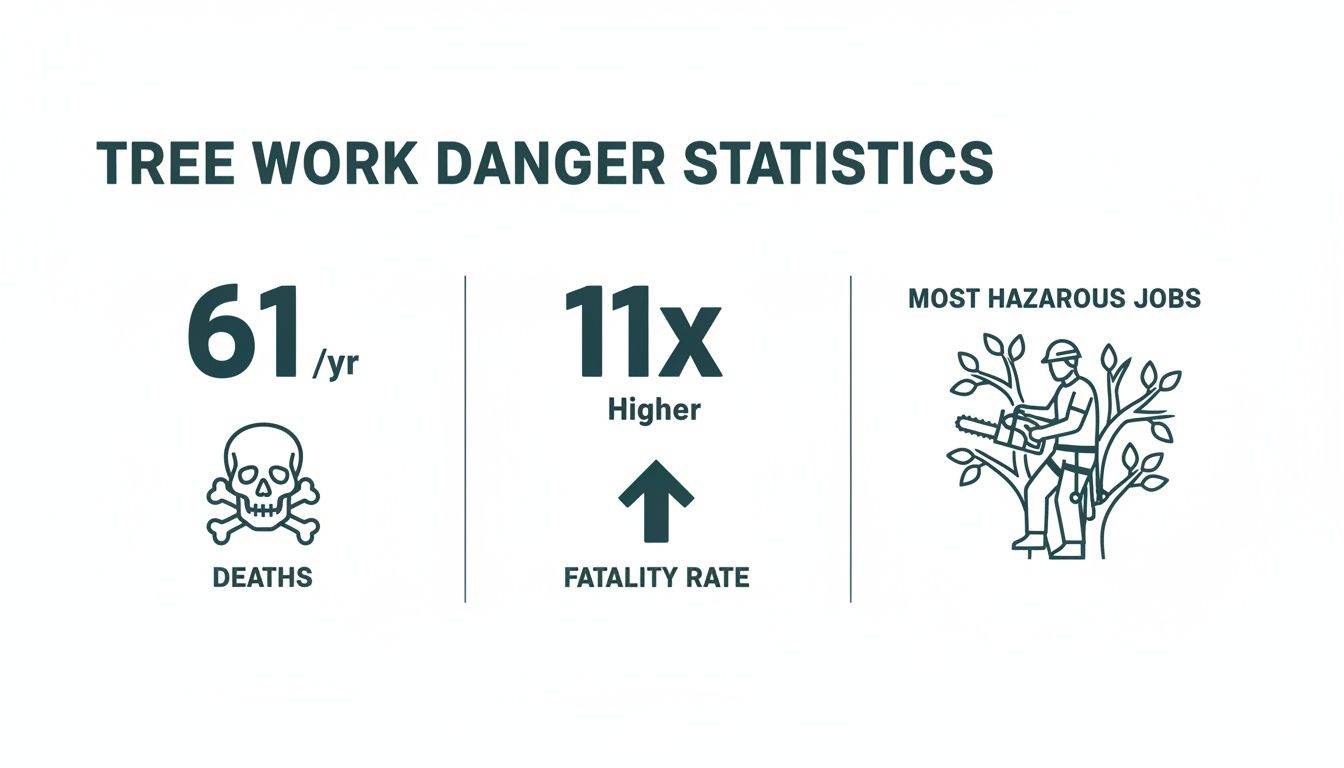 Tree work danger statistics infographic: 61 deaths/year, 11x higher fatality rate, and considered highly hazardous.