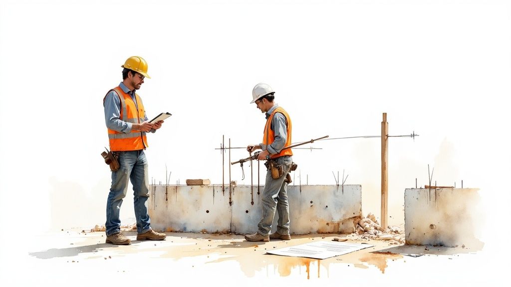 Two construction workers on a building site, one inspecting a tablet, the other working with tools.