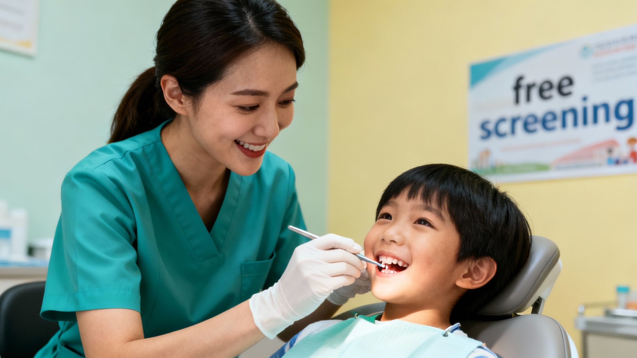 A smiling female dentist in green scrubs examines a happy young boy's teeth in a dental clinic.